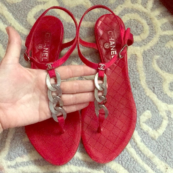 CHANEL Shoes - Chanel Ankle Strap Chain Link Red Sandals Thongs